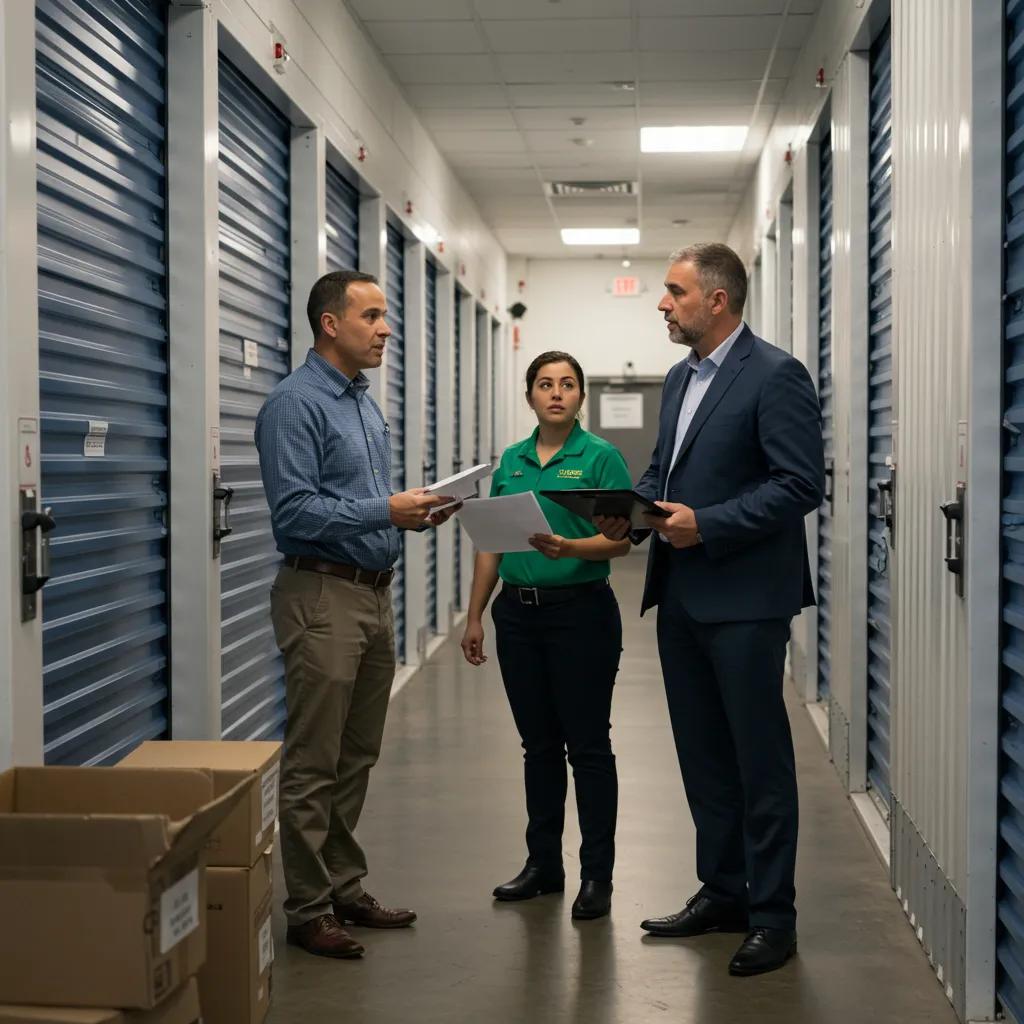 Business owner discussing flexible storage solutions with staff in a modern storage facility