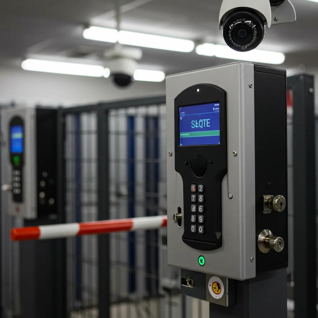 Close-up of security features in a storage facility, showcasing surveillance cameras and electronic access