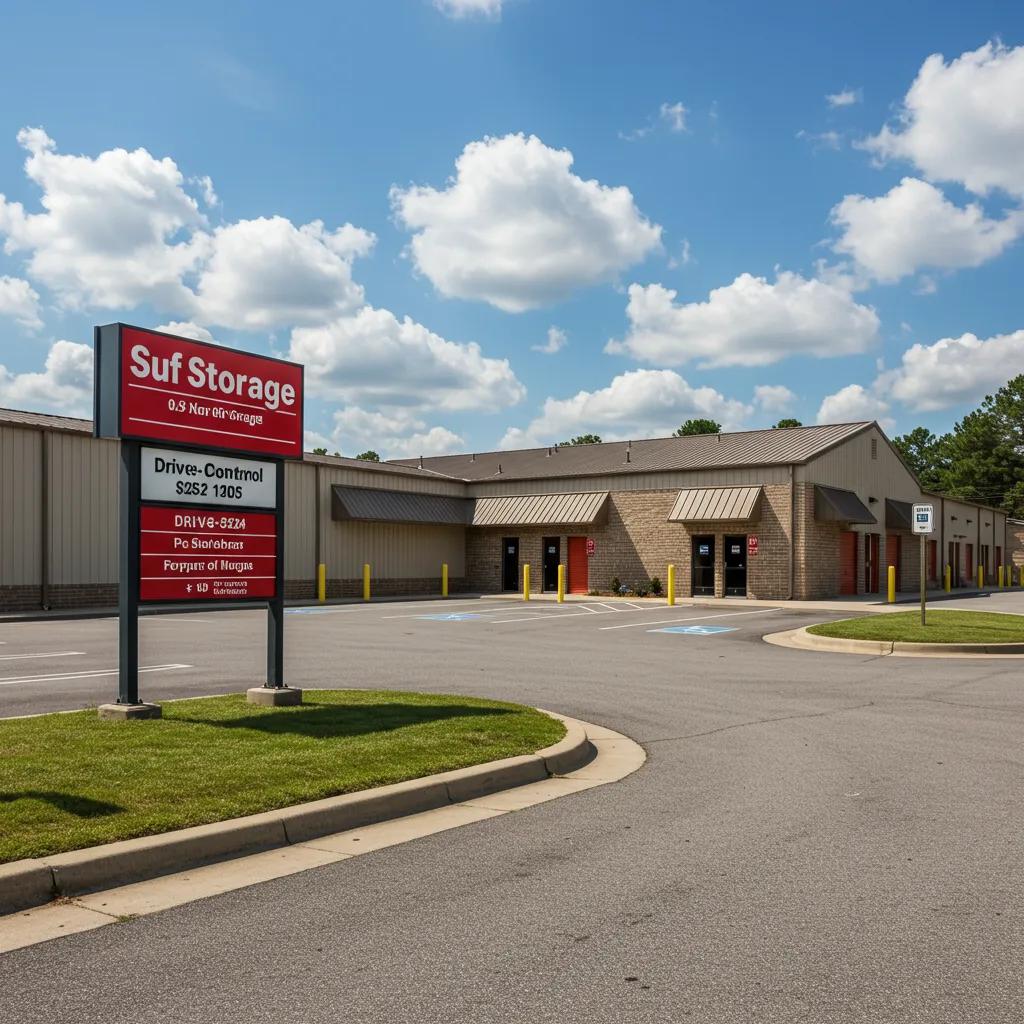 Exterior view of a self-storage facility in Benton, AR, highlighting various unit options and features for downsizing