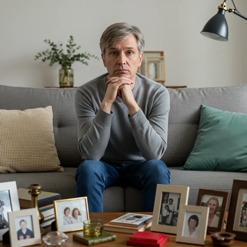 Individual reflecting on sentimental items while downsizing, illustrating the emotional challenges of decluttering